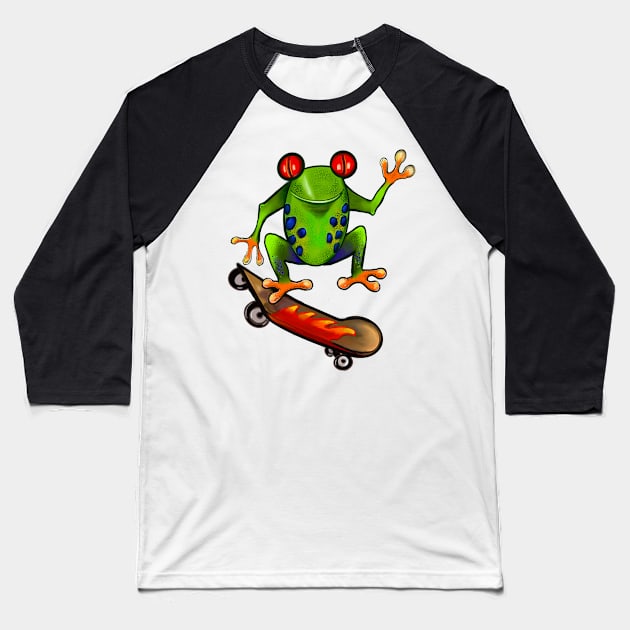 Cute Funny Frog Red eyed tree Frog on a skateboard Froggy toad toads Skating Frogs for Frog lovers Baseball T-Shirt by Artonmytee